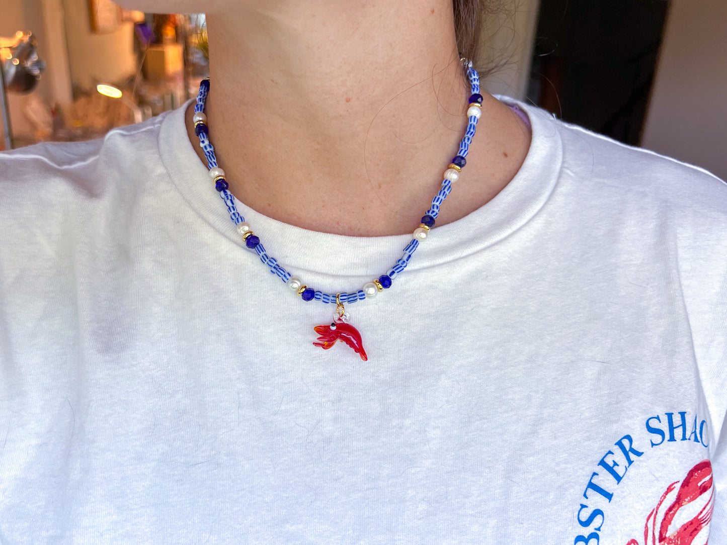 Adjustable Short Multicolor Mixed-Beaded "Fancy Lobster" Necklace.