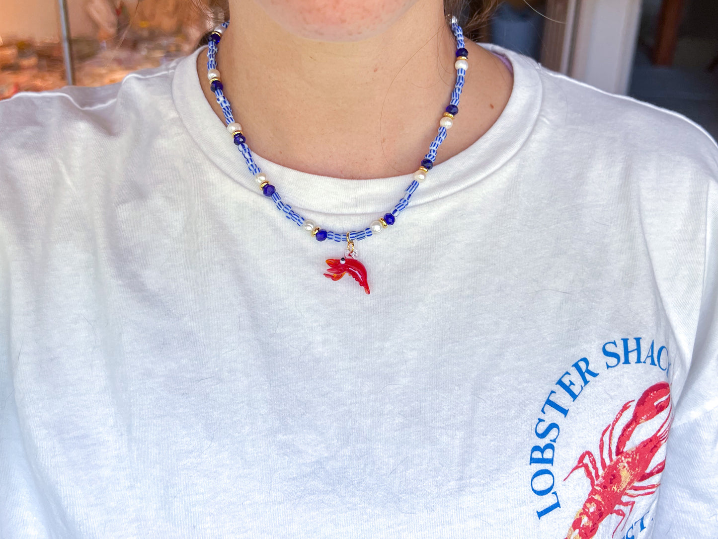 Adjustable Short Multicolor Mixed-Beaded "Fancy Lobster" Necklace.