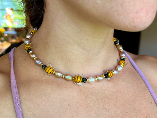 Adjustable Short Multicolor Mixed-Beaded "Bee Happy" Necklace.