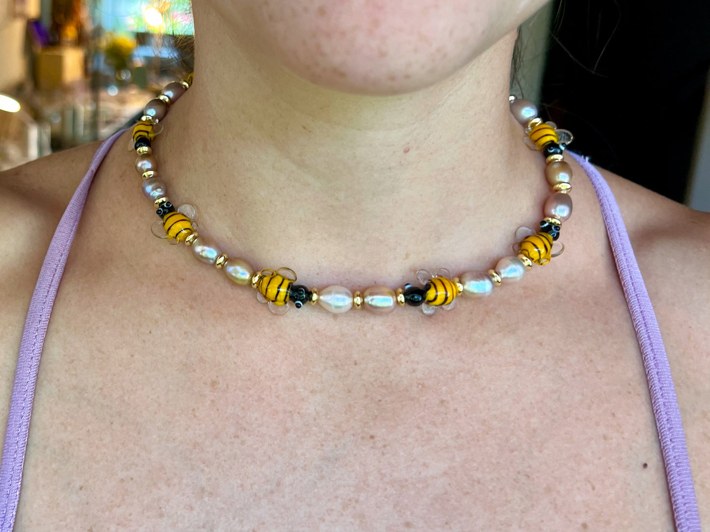 Adjustable Short Multicolor Mixed-Beaded "Bee Happy" Necklace.