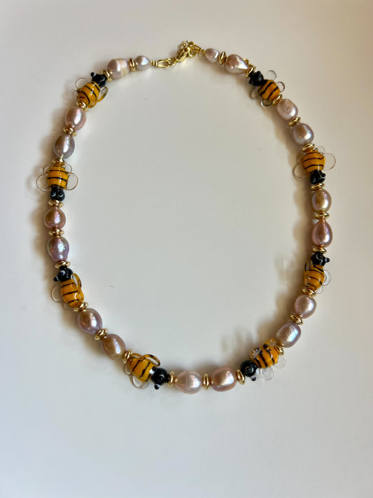 Adjustable Short Multicolor Mixed-Beaded "Bee Happy" Necklace.
